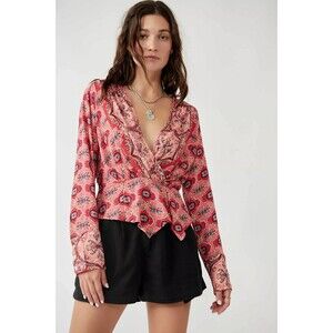 Free People Falling For You Pink Floral Faux Wrap Blouse Sz S Boho Casual Indie